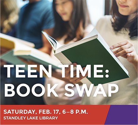 Fill your need for new books, stories and adventures at our teen book swap. Bring your gently used books to swap out with new-to-you books! Start the book swap with speed dating with books and meet new titles and authors you can add your reading list. goo.gl/v7zqSz