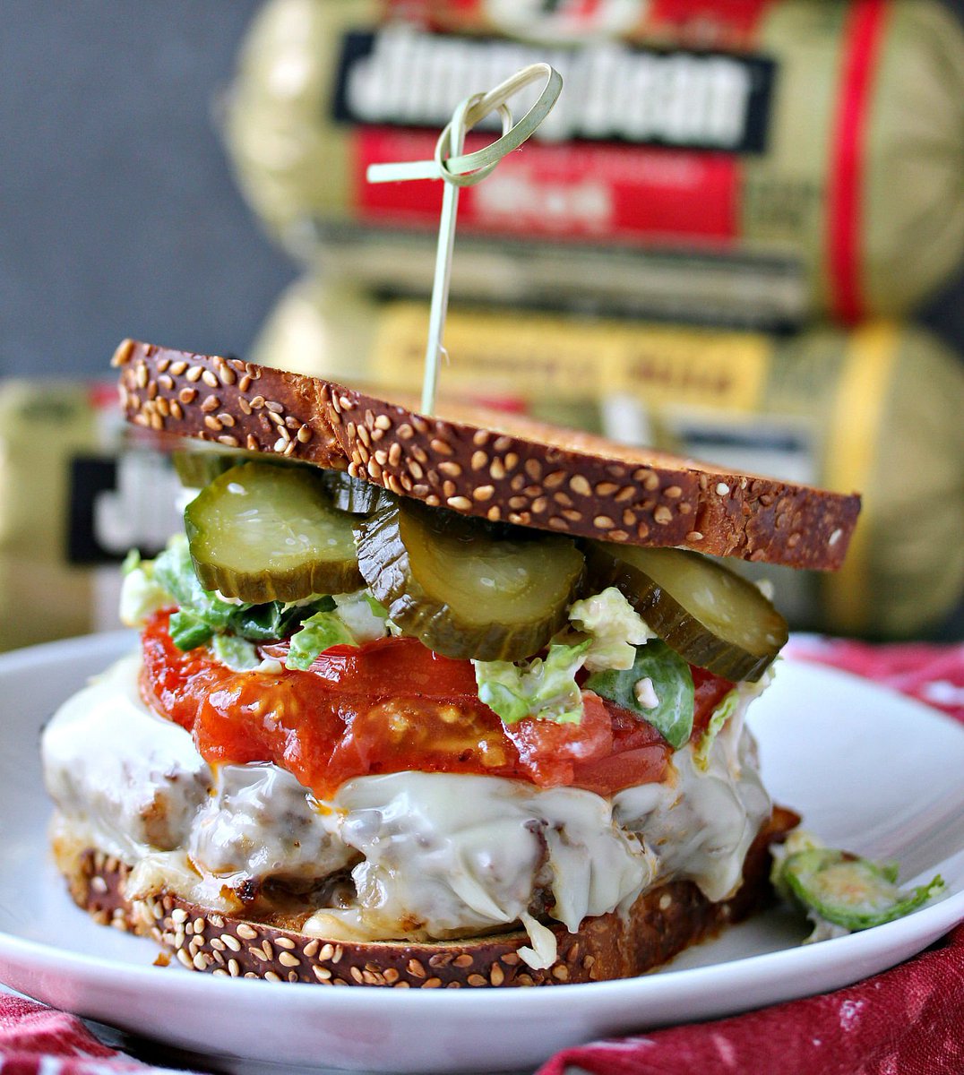 #Sausage Smashed Burger w/ Homemade Brussels Sprout Slaw~Homemade Pickles~Charred Tomatoes &amp;  Jarlsberg Cheese <a href="/CravingsLunatic/">KimBee</a> #recipe ow.ly/NfYc50guf1f #foodie #food #recipes