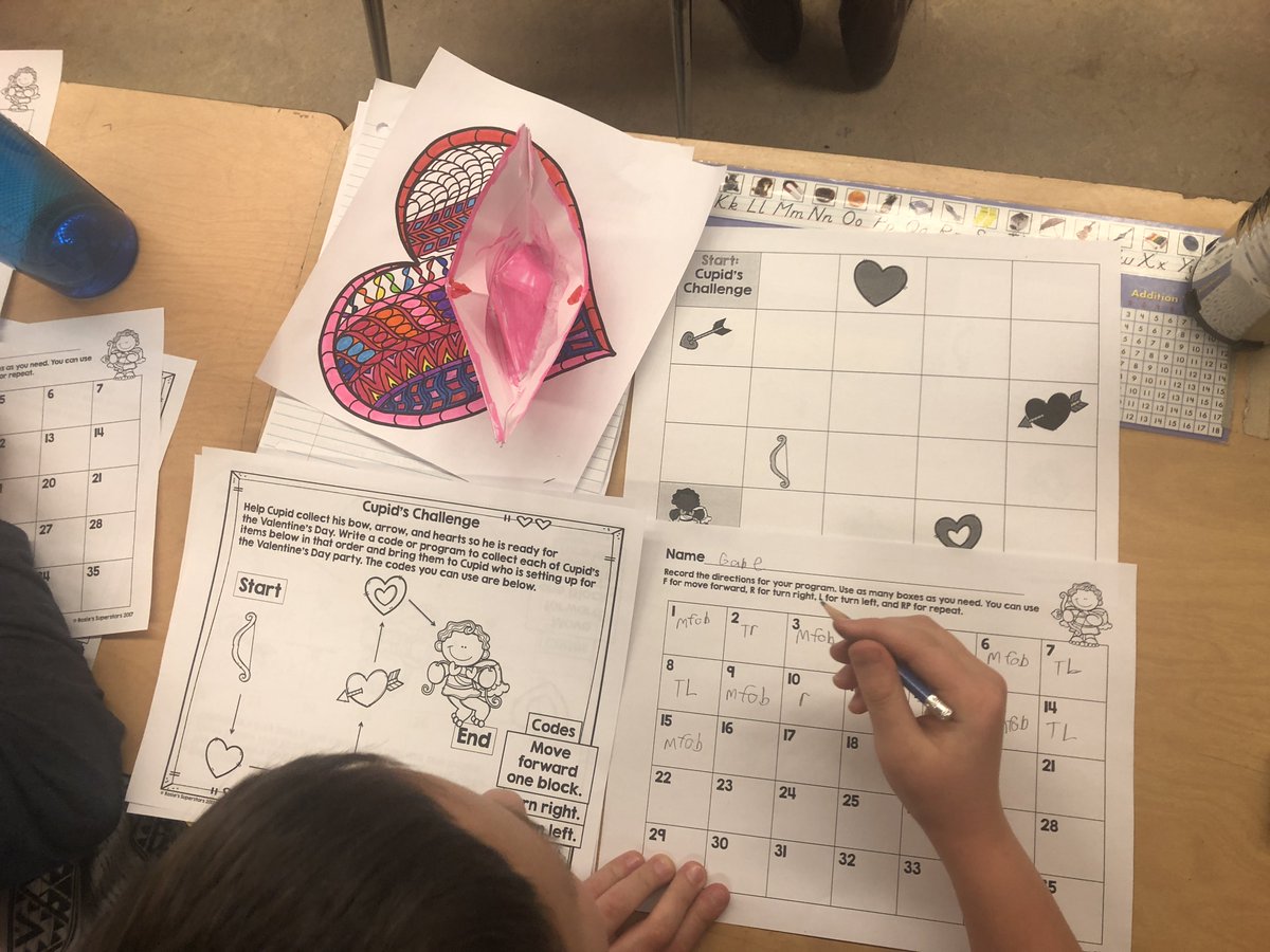 KaitlynHamner's tweet photo. Gr. 3/4 practice unplugged coding skills w/ Cupid’s Challenge! First we designed our code, then we tested it out on the big board! https://t.co/Nj6B8gL035