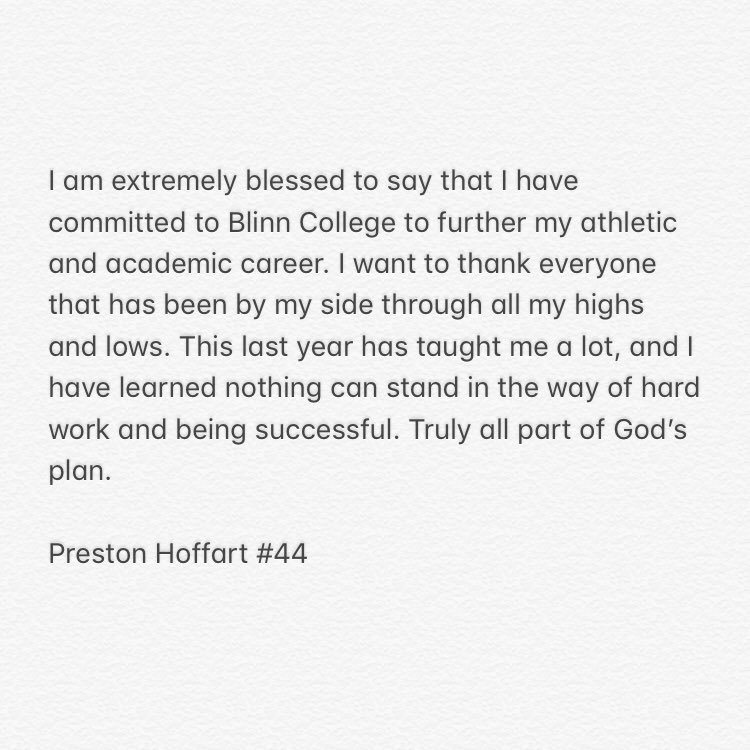hoffart_preston's tweet photo. Grateful for the opportunity to play at the next level⚾️ @BlinnBaseball @HDMIV https://t.co/x47xjQjcpE