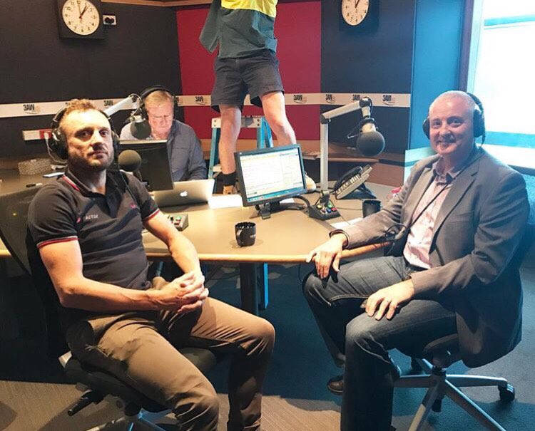 FoodbankVic's tweet photo. Great to chat about #TheHungerRide with @deniswalter3aw @3AW693 - Ambassador @badencooke has been busy getting riders fits and ready, including @FoodbankCEODave! Donate to help feed vulnerable Victorian families at https://t.co/8AkwpuwAGm https://t.co/ZK1DMuRduJ