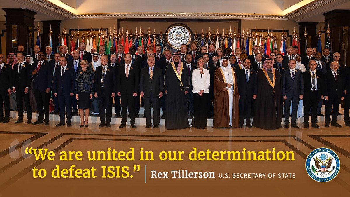 U.S. Secretary of State Rex Tillerson and all Heads of Delegation at the Ministerial Meeting of the Global Coalition to Defeat ISIS, Bayan Palace, Kuwait City, Kuwait, February 13, 2018. [State Department photo/ Public Domain]