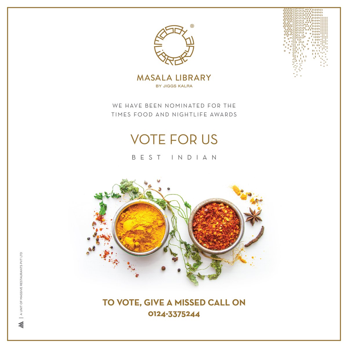 MasalaLibrary's tweet image. We are delighted to share that our restaurant #MasalaLibrary by Jiggs Kalra, #Mumbai has been nominated by #TimesFood&amp;amp;NightlifeAwards2018 under the &quot;BEST INDIAN&quot; category. Give a missed call on – 0124 - 3375244, to Vote for us! 
Thank you for your continued love and support.