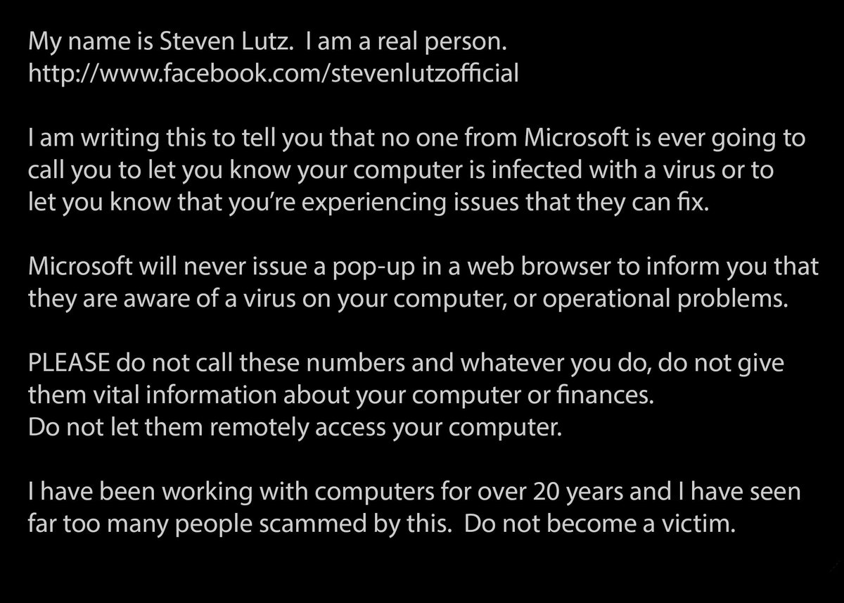 StevenLutzOFCL's tweet image. Please share this, write your own version, whatever!  But get the word out, this is so out of hand! #MicrosoftScammers #NotMicrosoft #victims