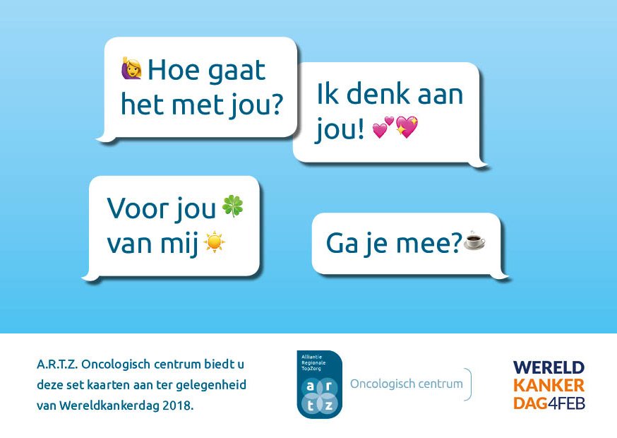 Radiotherapiegroep (@radiotherapiegr) on Twitter photo Ieder jaar staan we tijdens #Wereldkankerdag stil bij de impact van #kanker. Samen met <a href="/ARTZ_info/">ARTZ ziekenhuizen</a> bieden wij onze patiënten een set kaarten aan die past bij dit thema 'Kanker zet je wereld op z’n kop. Wat heb jij nodig?' @WKD_2018 Ieder jaar staan we tijdens #Wereldkankerdag stil bij de impact van #kanker. Samen met <a href="/ARTZ_info/">ARTZ ziekenhuizen</a> bieden wij onze patiënten een set kaarten aan die past bij dit thema 'Kanker zet je wereld op z’n kop. Wat heb jij nodig?' @WKD_2018