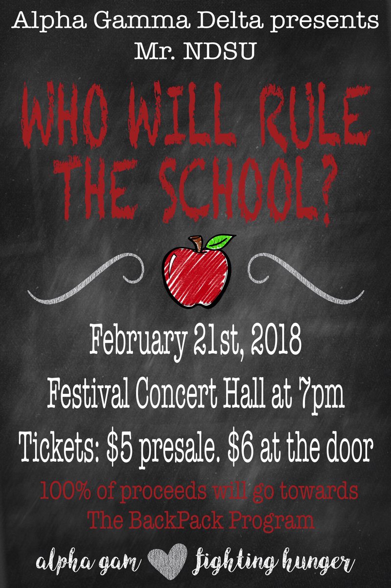 AGD_MRNDSU's tweet photo. Everyone mark your calendars! Mr. NDSU is back and better than ever on February 21st! All proceeds go towards The BackPack Program at Great Plains Food Bank. Get your tickets now for $5 or $6 at the door! https://t.co/rbgP015j6h