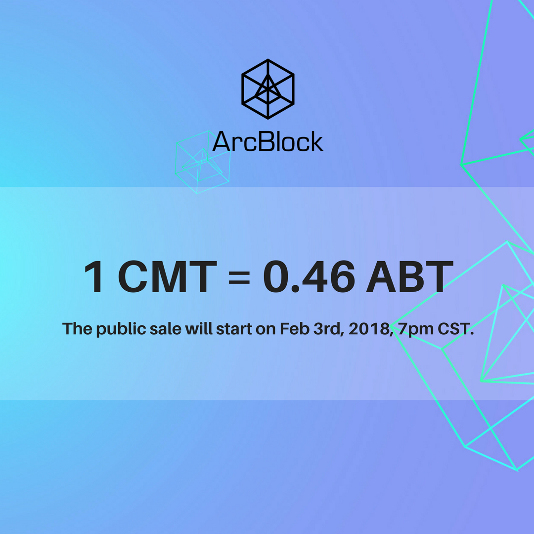 1 CMT = 0.46 ABT   The rate is finally locked! Get ready for the public sale! #arcblock #blockchain #ICO #tokensale