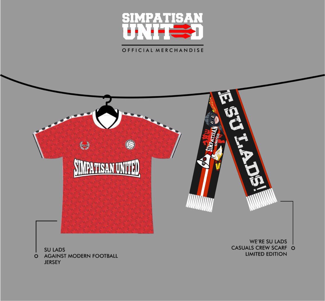 OPEN PRE ORDER
CLOSED 10 FEB 2018

• Jersey 'Against Modern Football' Simpatisan United
* Printing Jersey
* World Sizing (S - XXXL)
* IDR: 150.000 (Exclude Shipping)

• 'We're SU Lads' Scarf Limited
* 14 Get
* Limited 30pcs
* IDR: 150.000 (Exclude Shipping)

CP:
0813 1492 6178