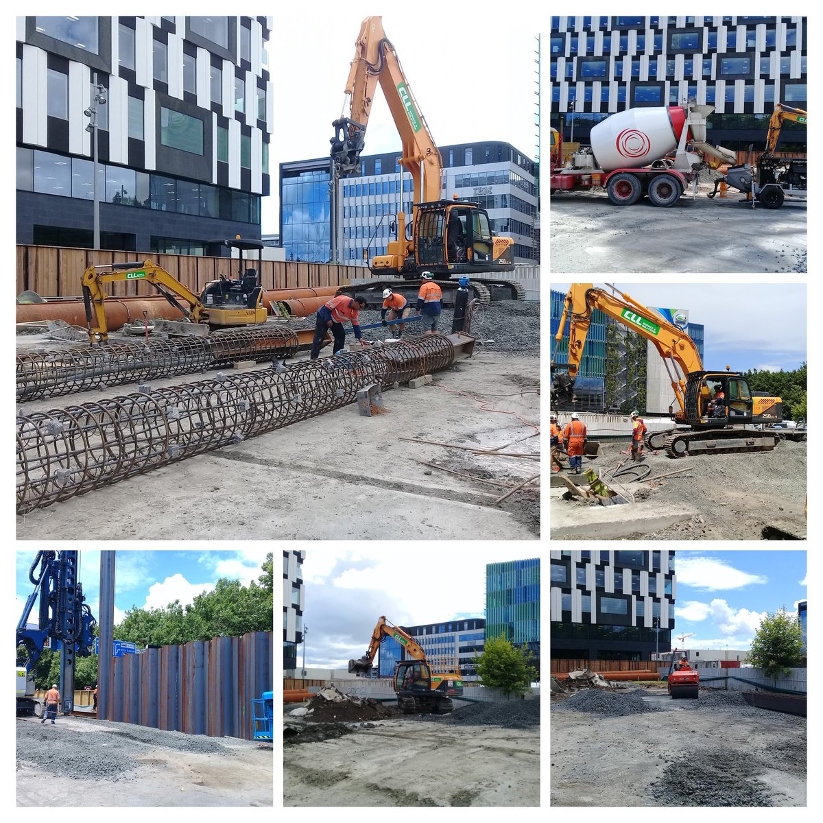 The CLL crew going well at Fanshawe St.  CLL works so far have included raked piles going in at a 55 degree angle with approximately 15 lm of casing and a drill depth of 19m, installing 300 sheet piles/casings and 40no reinforced concrete piles.