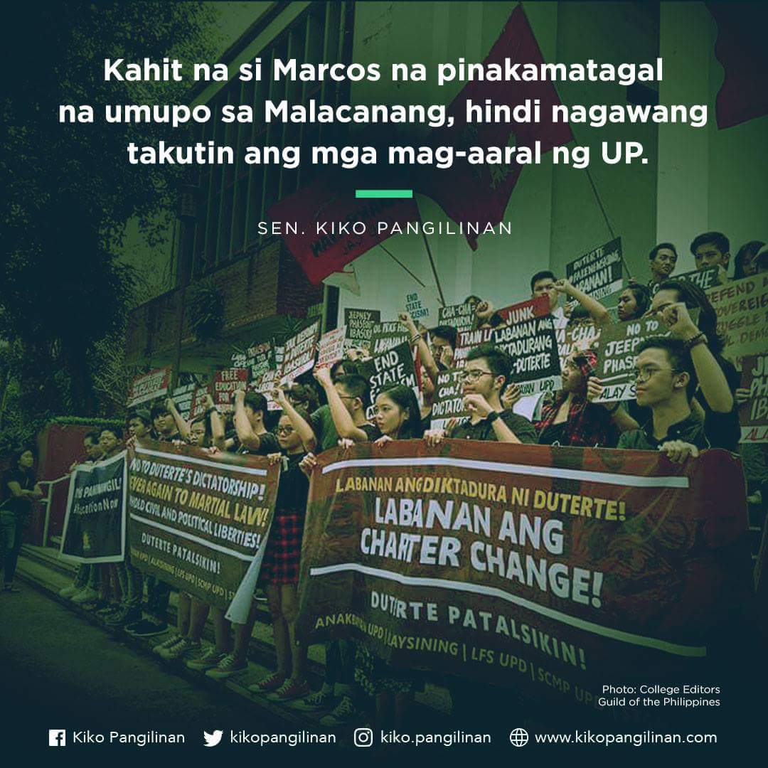 kikopangilinan's tweet photo. Kahit na si Marcos na pinakamatagal na umupo sa Malacanang, hindi nagawang takutin ang mga mag-aaral ng Unibersidad ng Pilipinas. https://t.co/RU5iRckgZc