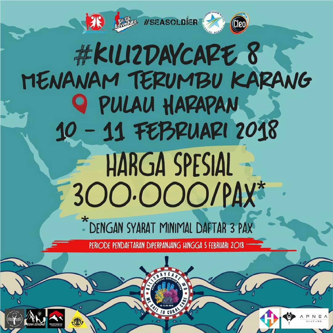 Kili2DayCare's tweet photo. Ada special price juga buat yang daftar bertiga :) Yuk kapan lagi kan travelling sambil menjaga kelestarian alam kita! #coralcare #savecoral #charity #pulauseribu #pulauharapan #opentrip @Mapala_UI @seasoldier_ @kili2adventure #kkdc #kili2daycare #kilikiliadventure https://t.co/eHSI63UsBM