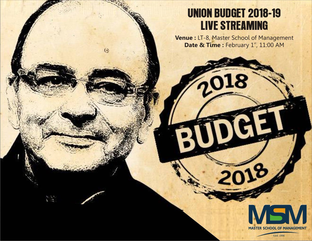 MsmindiaOrg's tweet photo. Live Streaming Content:
BUDGET 2018 LIVE STREAMING
#MSMLectureSeries #PGDM #CampusPlacements #MSM #Placecom
#MasterSchoolofManagement #Budget #BudgetAnalysis #BudgetReview
#Newsletter #MSMSamachaar #FinanceClub https://t.co/4pqEBq2pMj
