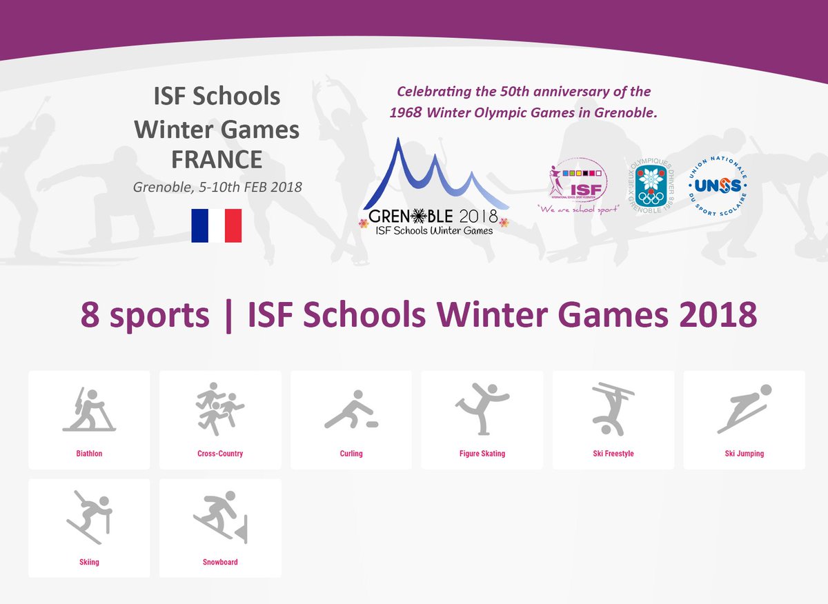 #ISFwintergames feature 8 different #winter sports. 
Live stream: #ski #slalom by <a href="/olympicchannel/">Olympic Channel</a> (Feb 8).
 
Venues: <a href="/Chamrousse1700/">Chamrousse</a> <a href="/VillardTourisme/">Villard Corrençon</a> <a href="/VilledeGrenoble/">Ville de Grenoble</a>, <a href="/alpedhuez/">Alpe d'Huez</a> 

Besides competing, 500 #youth athletes will also celebrate 50th anniv/ of #Grenoble 1968 <a href="/Olympics/">The Olympic Games</a>.