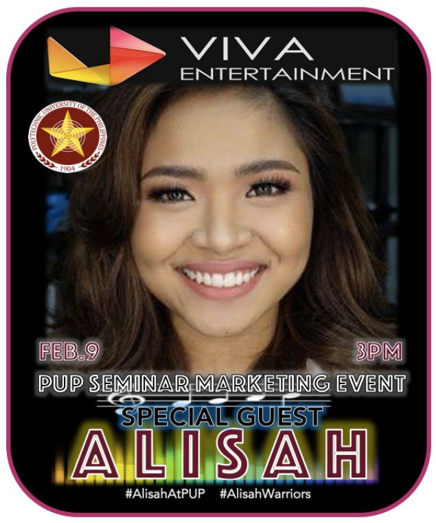 AlisahWarriors's tweet photo. Hey Guys!!! @OfficialAlisah
Will be at Polytechnic University of The Philippines this coming February 9, 2018.
@VivaArtists
God Bless Warrior Princess!!!
#FamilYssa #Alisahnatics #AlisahArmy #Alisahnians #AlisahWarriors #AlisahBonaobra #WarriorPrincess #VivaArtist #AlisahAtPUP https://t.co/zBixwH2jfC