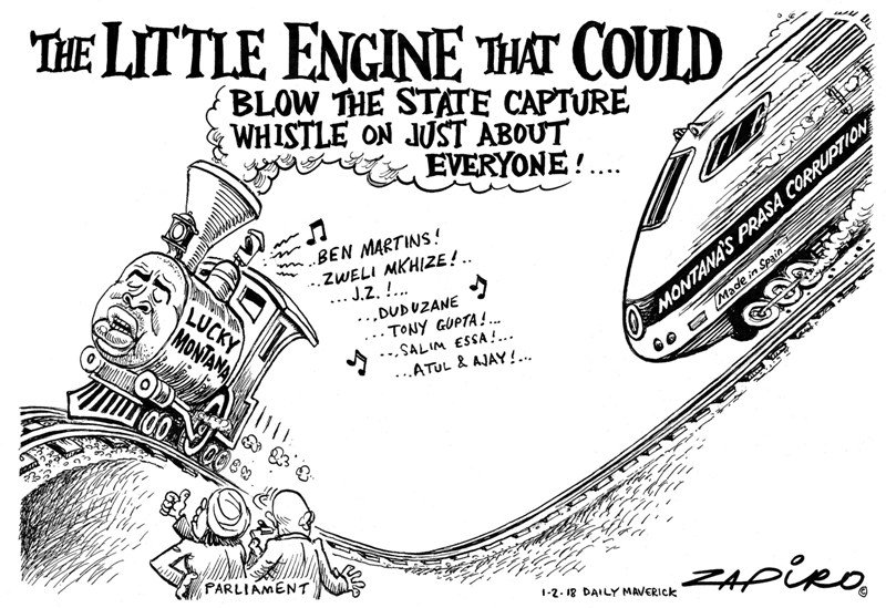 Zapiro's cartoon <a href="/dailymaverick/">Daily Maverick</a> (1 February 2018) on whistleblower Lucky Montana <a href="/MontanaLucky/">lucky montana</a> #PRASA #StateCapture- bit.ly/180201dm