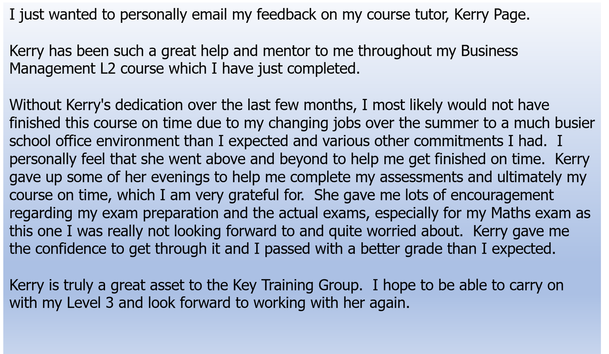 Well done Kerry! Check out more feedback on keytraining.co.uk #feedback #apprenticeships #apprentices