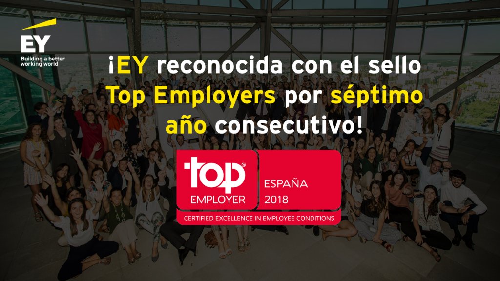 EY_Spain's tweet photo. ¡Estamos de enhorabuena! Hemos sido reconocidos por séptimo año consecutivo con el sello @TopEmployers_Sp  #Betterworkingworld https://t.co/k7sfXBn34f https://t.co/9Ydg2gh5rS