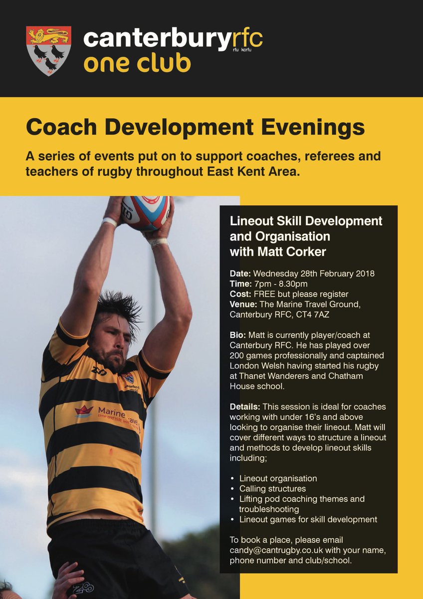cantrugby's tweet photo. Matt Corker will lead our next Coach Development Evening on Wed 28th Feb. Open to all local coaches and teachers looking to develop their knowledge of the lineout. Free but please register. Details on poster #communityCRFC https://t.co/U1DENu9gbx