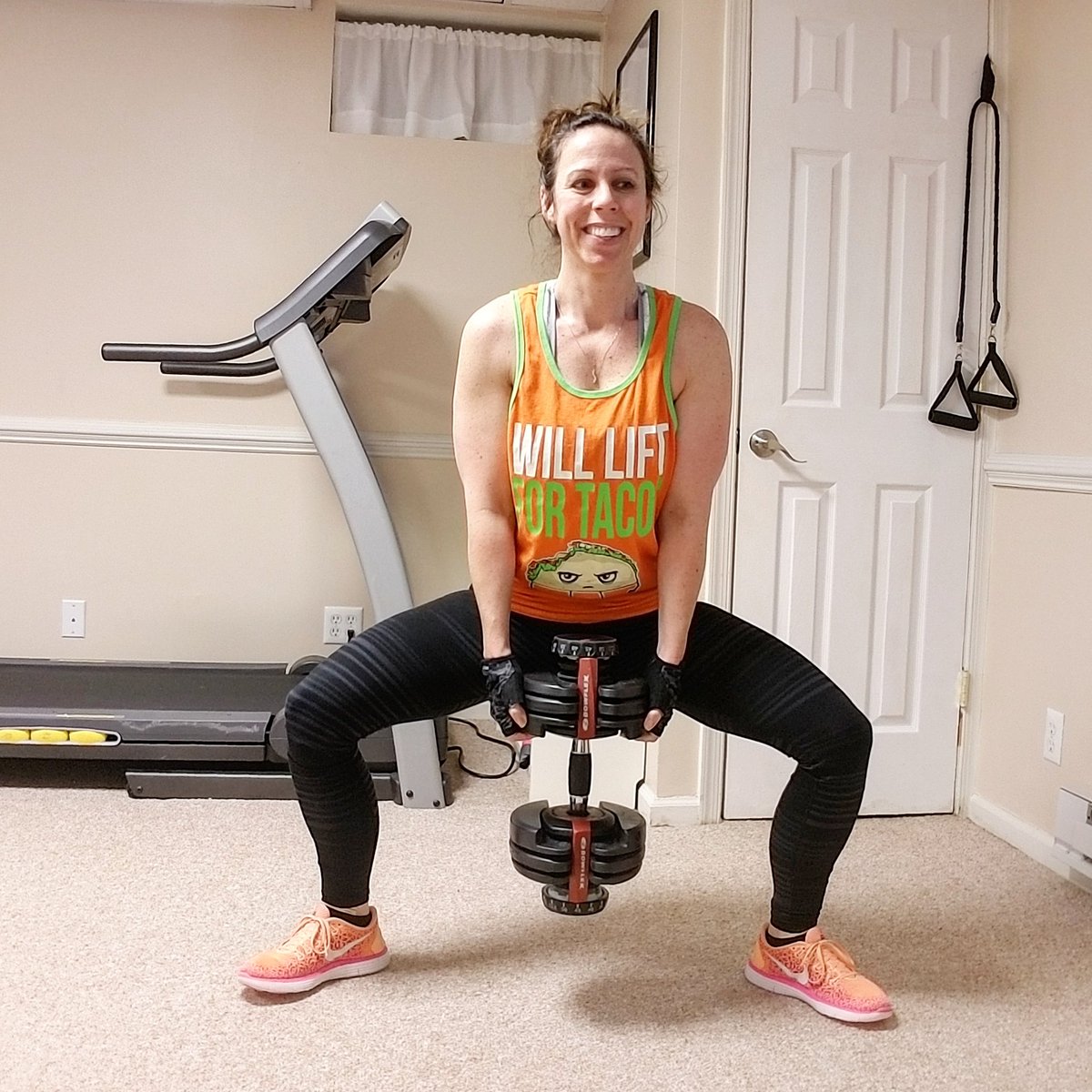 afitfox's tweet photo. #WillLiftForTacos 🤣 Day 19/80 Although I am smiling here, I really struggle with leg day. Not all moves are hard, but some are. Sumo squats, I like! 👌 @FitApproach @SweatPink https://t.co/vyKhn1XIua