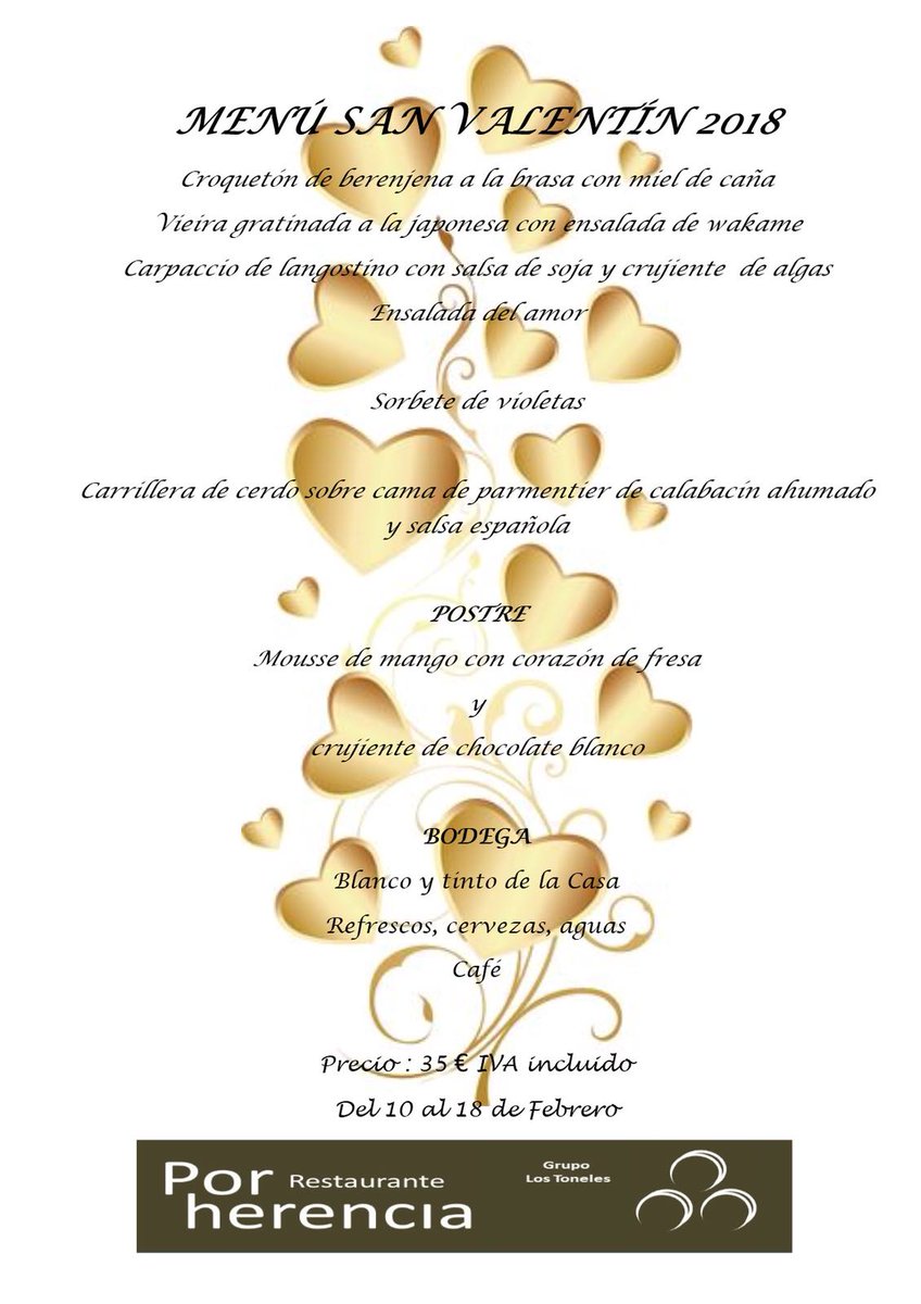 Nuestro menú de San Valentín preparado con muuuucho amor.  Haz tu reserva. 868/974600. #menudesanvalentin #porherencia #restaurantesmurcia