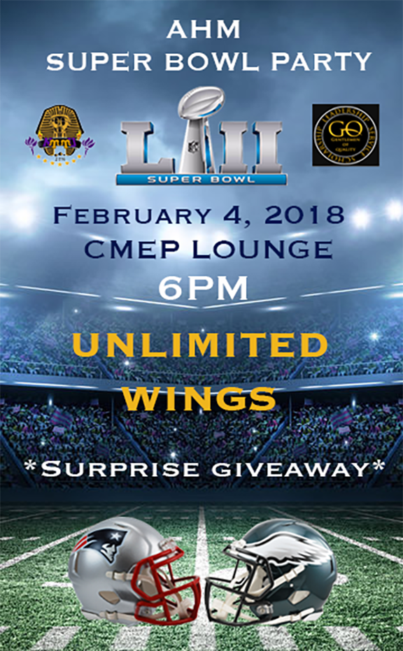 AHM_nyu's tweet photo. Don't miss AHM's Superbowl Sunday Kickback/party this Sunday Feb 4th at 6pm. Come enjoy unlimited pizza, wings, and there will be a surprise giveaway 🎉🎊🏈🍕🎁. See you there! https://t.co/63HUVpsytW