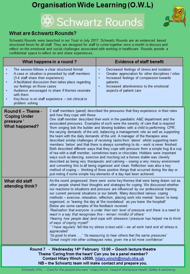 HWBNNUH's tweet photo. Another @NNUH @HWBNNUH fantastic #SchwartzRound took place in January. Great strategies for #copingunderpressure discussed @PointofCareFdn https://t.co/sXdvEj7n3t