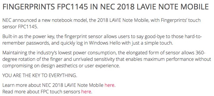 materiel's tweet photo. NEC announced a new notebook model, the 2018 LAVIE Note Mobile, with #Fingerprints’ touch #sensor #FPC1145. https://t.co/1D1yrRLKz4 https://t.co/LH9AmPogQ8
