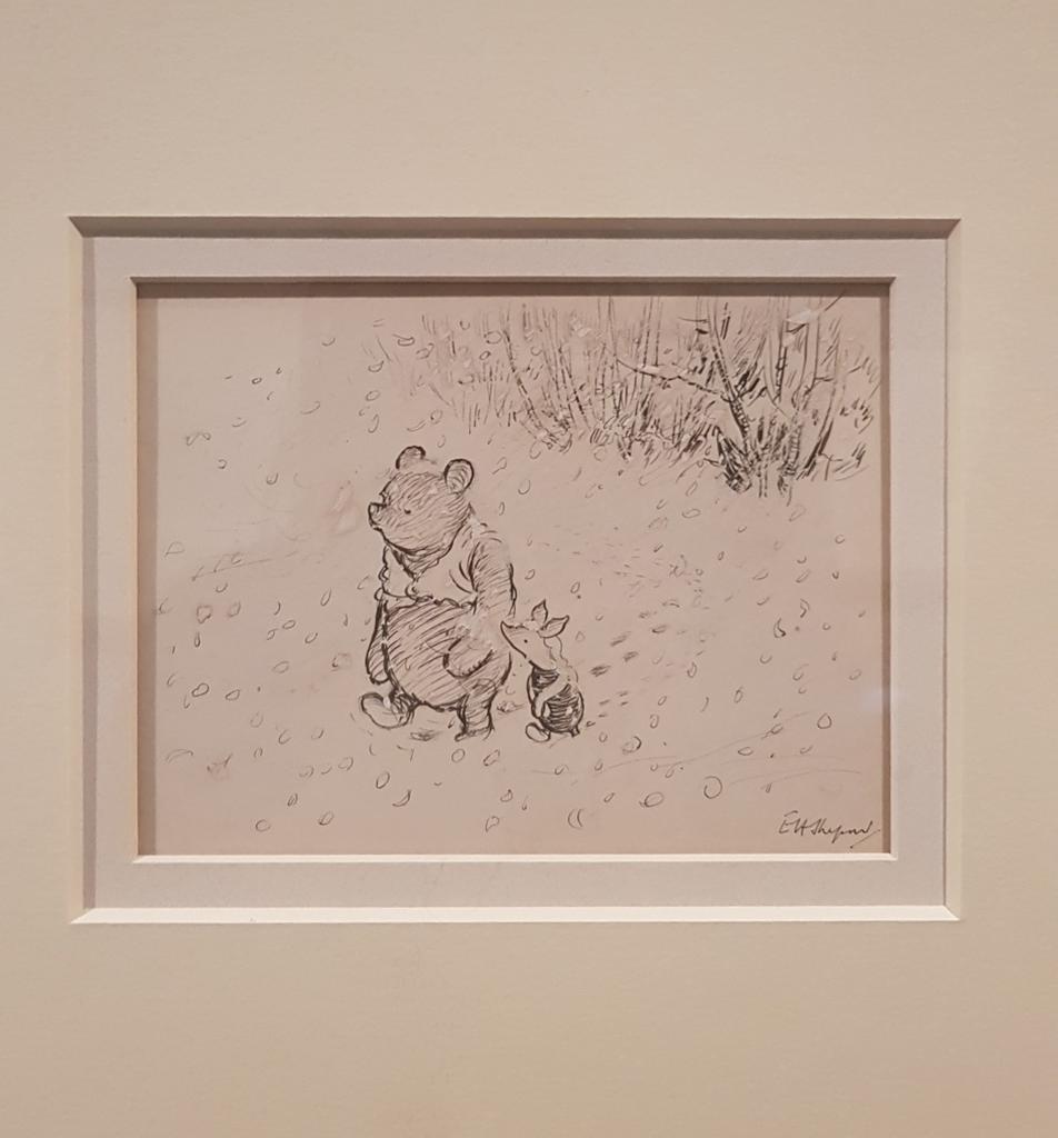 V_and_A's tweet photo. In this pen and ink illustration the animals’ feet are sinking into snow. Pooh hums: ‘And nobody KNOWS-tiddely-pom How cold my TOES-tiddely-pom’. #TwitterTour #insideVAM https://t.co/AwIp0Tj29j