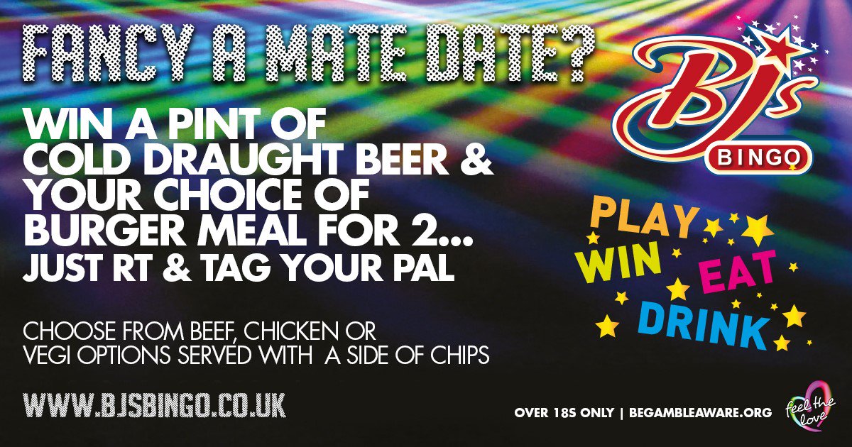 BjsBingoLeigh's tweet photo. Fancy a mate date? RT & TAG your bingo buddy for your chance to win a pint of cold draught beer & your choice of Burger Meal for 2.
https://t.co/Az2OUL5sms
#BJsBingo #Bingo #NomNom #Competition #FeelTheLove <3 https://t.co/M8t9RQfT3V
