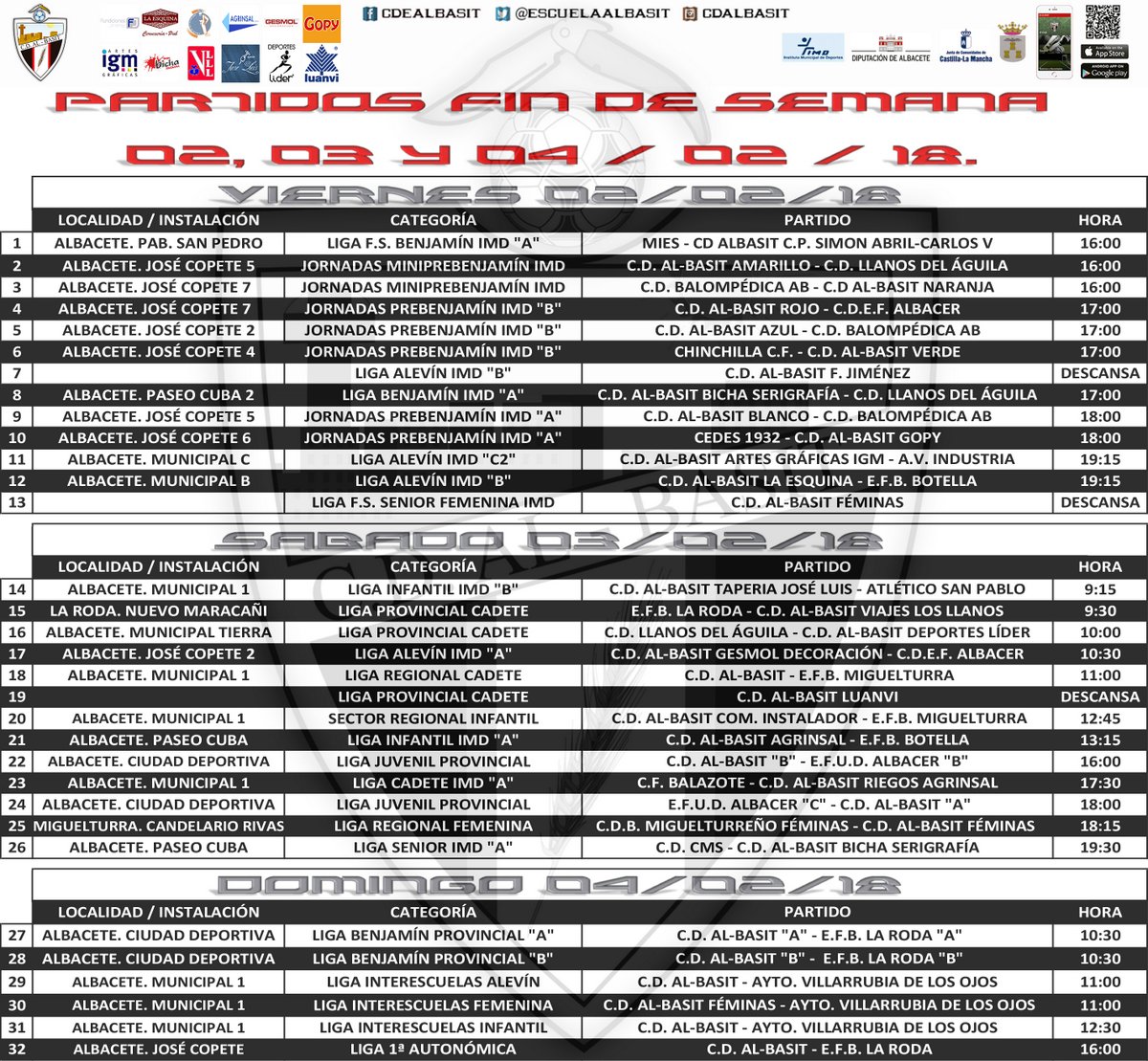 EscuelaAlBasit's tweet photo. Nuevo fin de semana de fútbol ⚽️ para nuestro C.D. AL-BASIT 👦👧. Horarios y campos de sus partidos. 02, 03 y 04/02/18.
https://t.co/1lKlU3RMnp https://t.co/xDyUuGUXzp