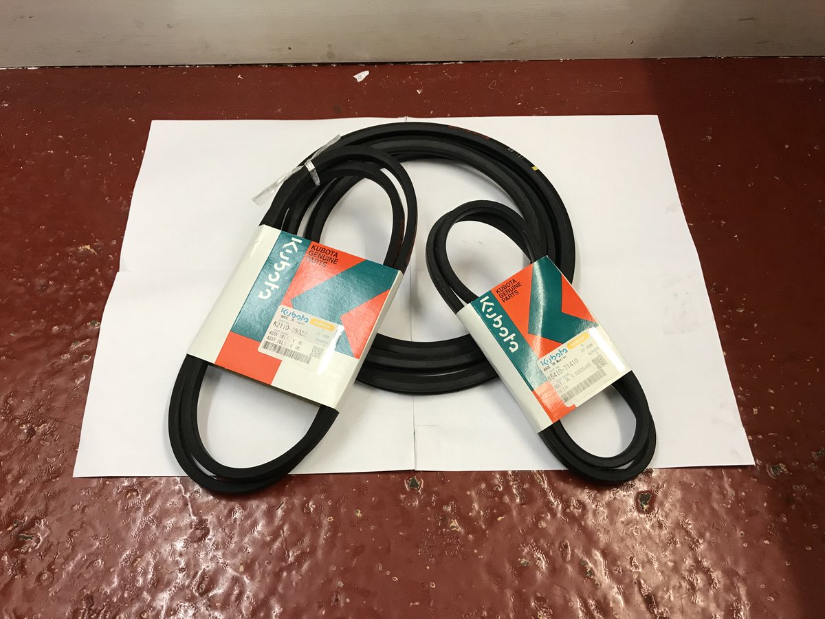 dbgroundcare's tweet photo. SPECIAL OFFER
Emergency belt brake down kit to suit @KubotaUK G18 &amp; G21 mowers.

Kit comprises of:
2x PTO Belts
1x L/H deck belt
1x R/H deck belt

Just £99.99 + VAT

Genuine service filter kits also available at discounted prices. Contact our parts manager James on 01524 823156. https://t.co/sWI76pacVU