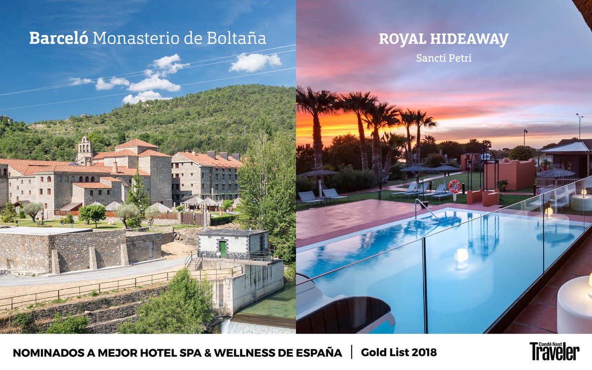 barcelohoteles's tweet photo. @AsiaGardensES, La Bobadilla A Royal Hideaway Hotel, Barceló Monasterio de Boltaña, Royal Hideaway Sancti Petri y Barceló Punta Umbría Beach Resort incluidos en la #goldlist2018 de la revista @CNTravelerSpain ¿Nos ayudas con tu voto? https://t.co/xxlnKNwlif https://t.co/HkIGDyCN6v