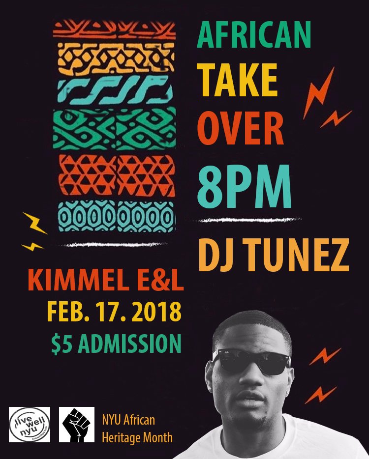AHM_nyu's tweet photo. Calling all African Student clubs in the Tri-State Area🗣! NYU will be hosting African Take Over, one of the biggest African college parties of the year, hosted by @DJ_TUNEZ Feb 17th 🔥Please tell your students and we hope to see you all there! #ASU #ASA #NYUAHM #DJTunez https://t.co/eYN92lkOvq