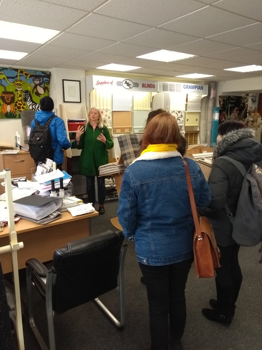 awdmacpherson's tweet photo. MLitt Film and Visual Culture on Town Collection tour with Claudia Zeiske, Deveron Projects - Hamish Fulton's piece in Huntly Carpets! @aberdeenuni_FVC @DeveronProjects https://t.co/CtROnkEhbf