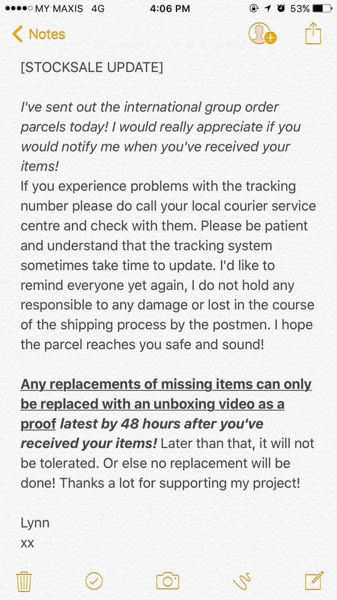 dollylynnn's tweet photo. [Stocksale Update] Group Order parcels sent out!! Please refer to the notice below for your tracking number! 

Thanks for being patient with me!

@springwater_GO 
@Romanticversego 
@mexo_GO 
@preciousloey_ 
@EXO_SG_GO https://t.co/dCPV5qL99n