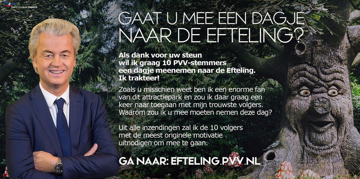 Wie gaat er met me mee naar de @Efteling ? Ik trakteer! Ga snel naar Efteling.pvv.nl en maak kans op een geweldige dag!