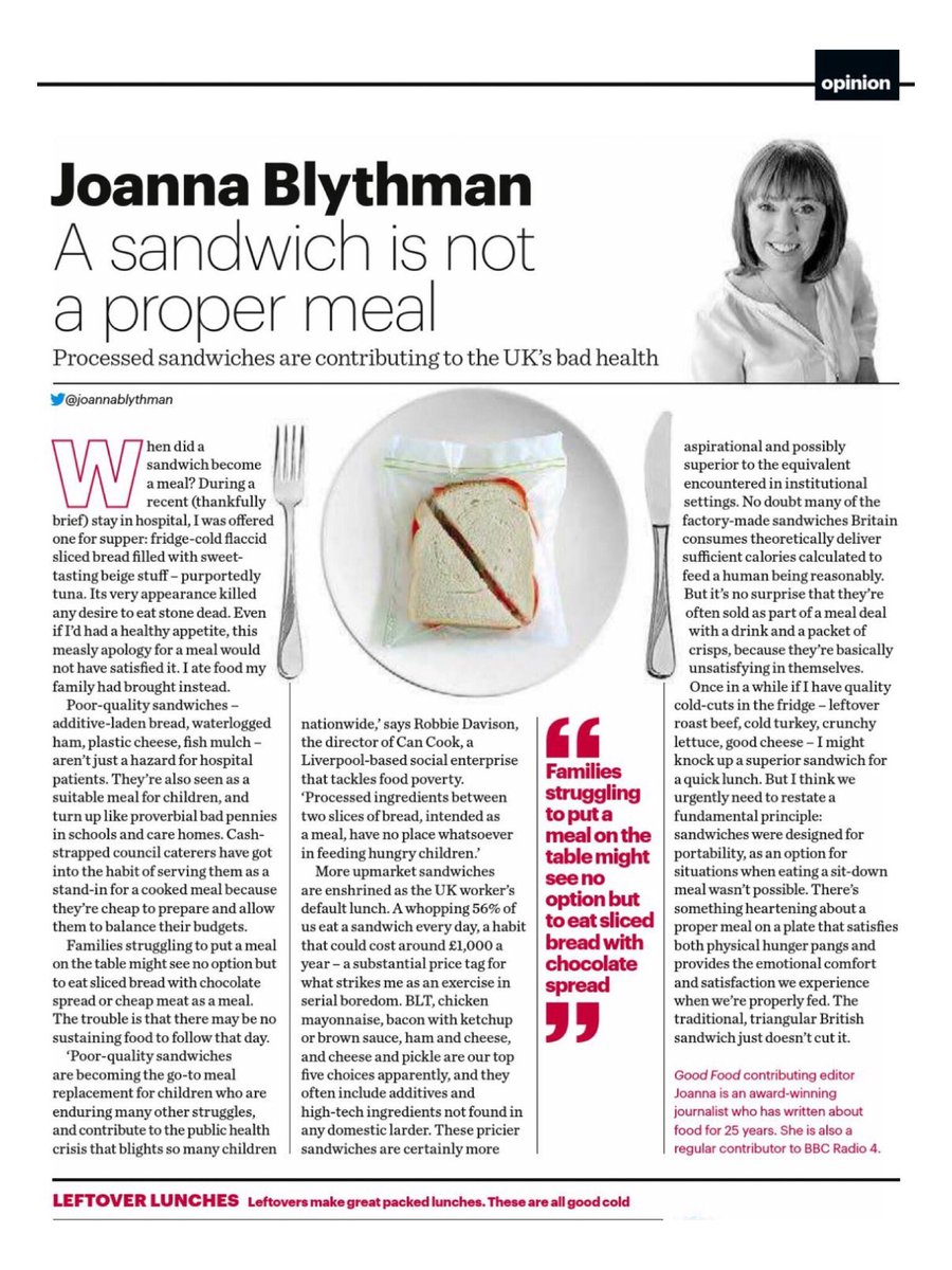 A sandwich is NOT a proper meal 

‘Processed ingredients between two slices of bread, intended as a meal, have no place whatsoever in feeding hungry children’ 

Must read brilliant spot on piece by <a href="/JoannaBlythman/">Joanna Blythman</a> #type2diabetes #obesity #NHS