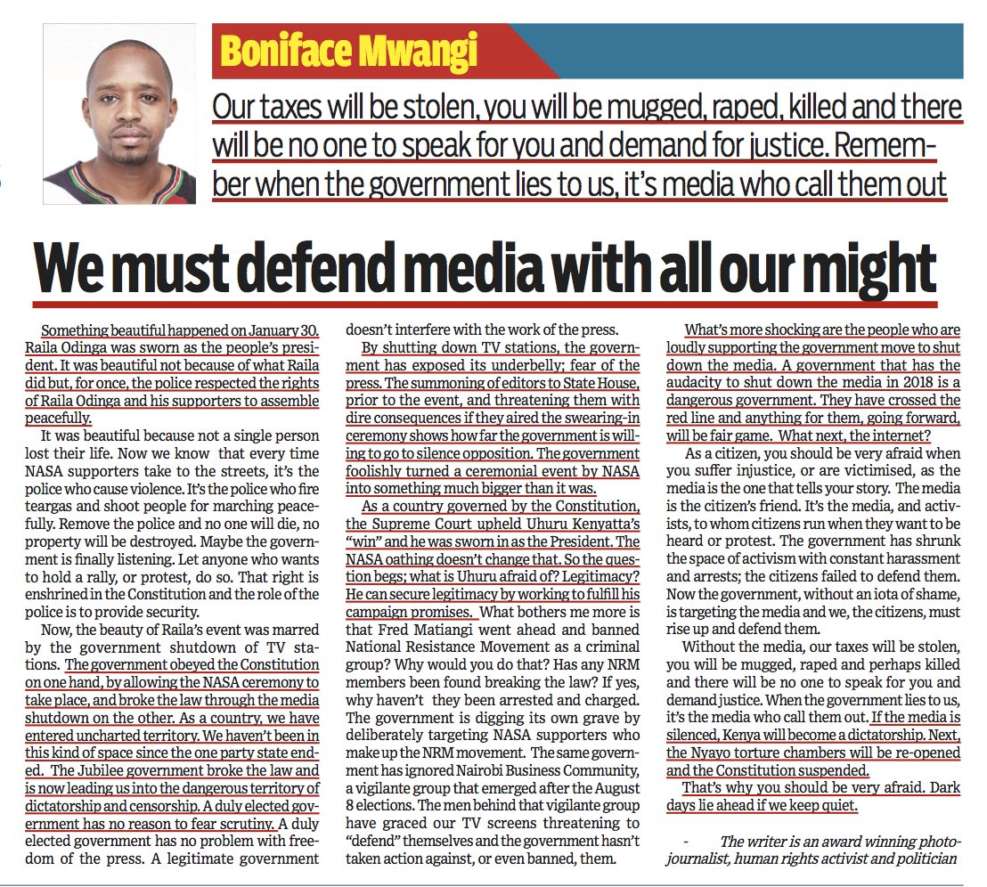 bonifacemwangi's tweet image. More shocking are the people loudly supporting the government move to shut down the media.A government that has the audacity to shut down media in 2018 is a dangerous government.They have crossed the red line and anything for them,going forward, will be fair game #MediaShutDownKE