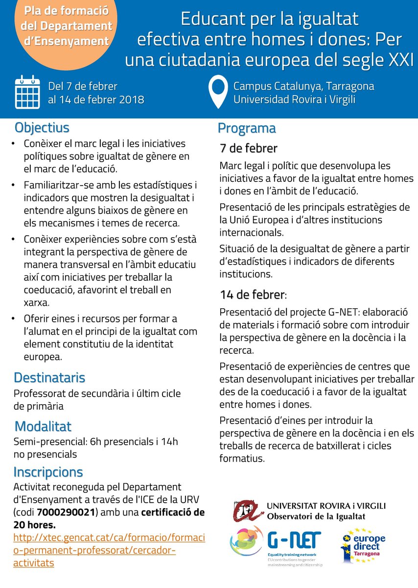 gendernet's tweet photo. Obertes les inscripcions per al curs semipresencial "Educant per a la igualtat efectiva entre homes i dones: per una ciutadania europea del segle XXI" per professorat de secundaria i primària @ICEnuURV @igualtatURV https://t.co/fTPetB65hJ https://t.co/HKbfkfblrQ