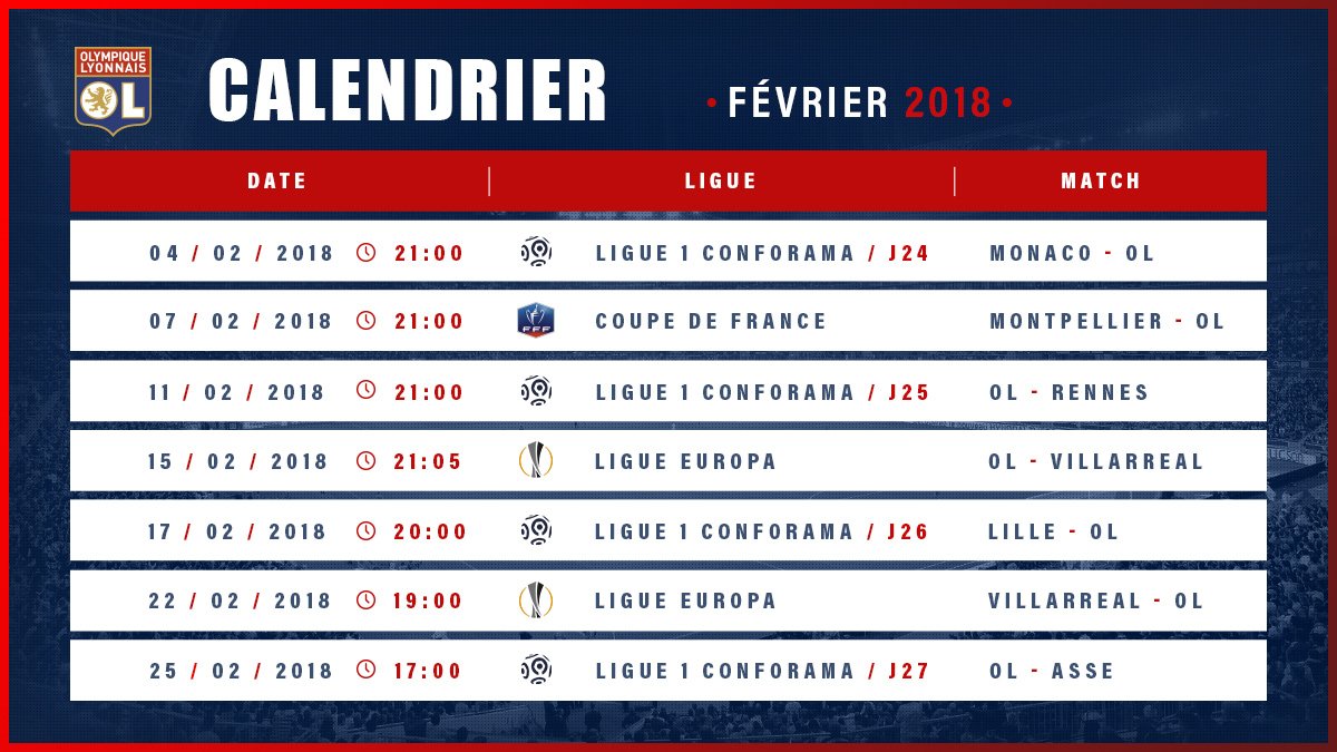 OL's tweet photo. Le programme chargé de l'OL sur le mois de février. 🔥🔴🔵 https://t.co/TZgK9qFFlm