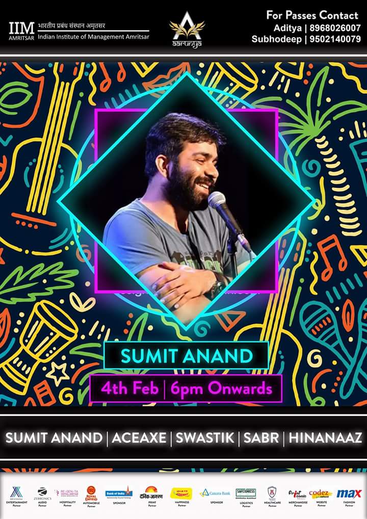 IIMAmritsar's tweet photo. Get ready for a rib tickling night, because Sumit Anand is here. Hurry, Grab the passes soon!

#SumitAnand #StartNight #StandUpComedy #AArunya18 #IIMAmritsar #TheHolyIIM https://t.co/IWLBaXZumr