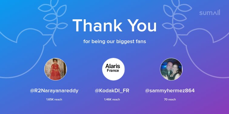 Our biggest fans this week: <a href="/R2Narayanareddy/">Narayanareddy Ravi</a>, <a href="/KodakDI_FR/">Kodak Alaris DI FR</a>, @sammyhermez864. Thank you! via sumall.com/thankyou?utm_s…