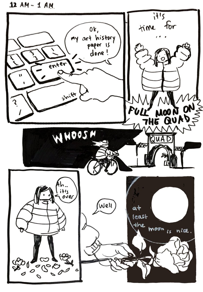 I couldn't draw a comic for every hour but here are the ones that I did do! For those who don't know, Full Moon on the Quad is supposed to be a fun Stanford tradition 