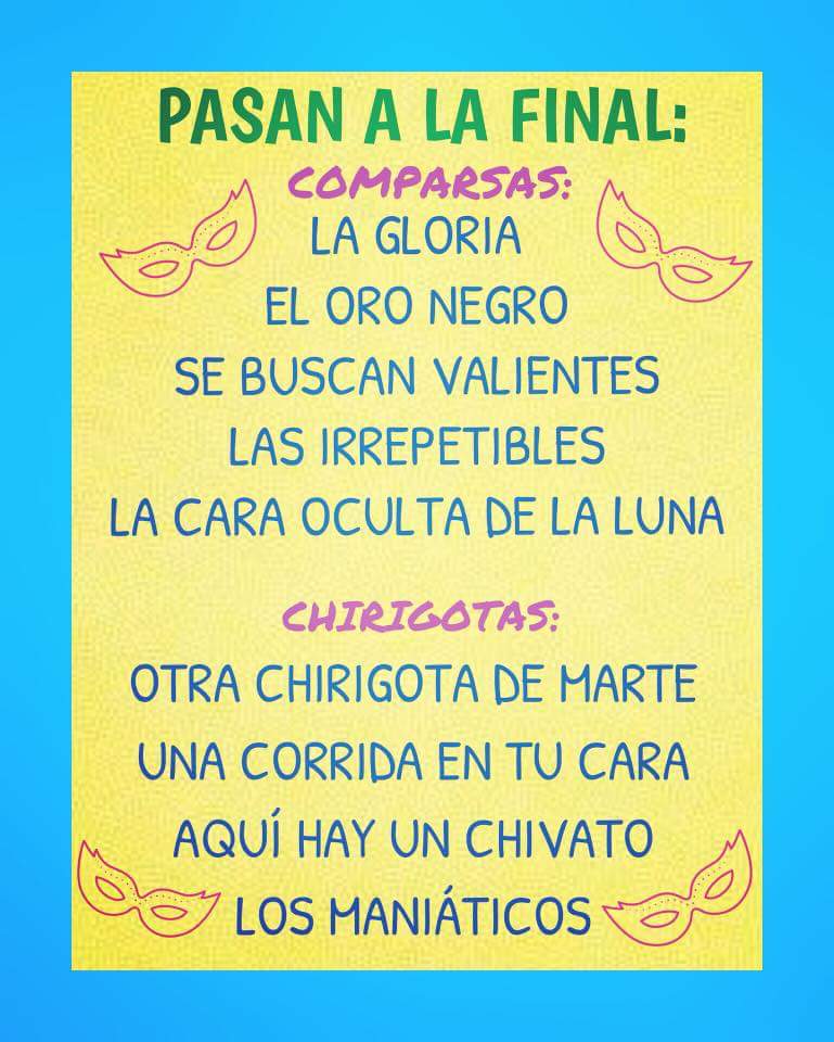 Agrupaciones que pasan a la final del Carnaval del Carnaval de Coria del Río 2018. La final será el sábado a las 21.00h