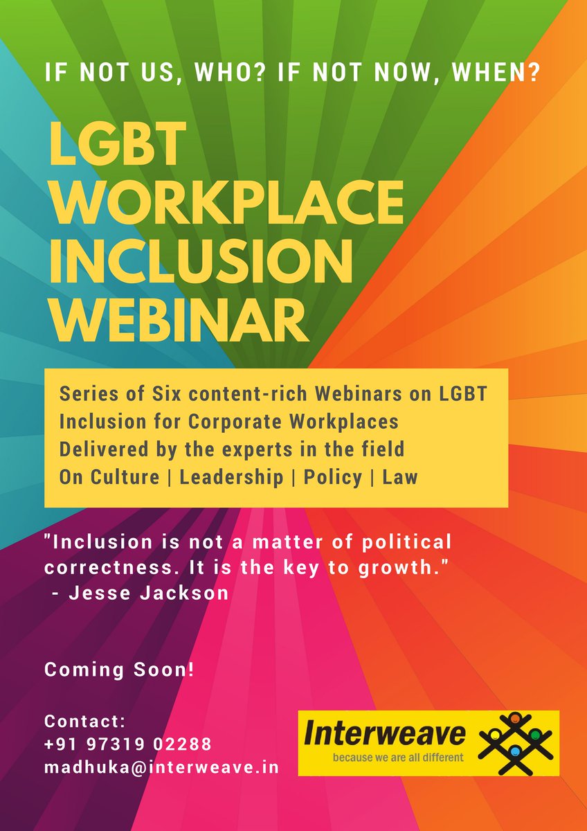 interweavein's tweet photo. Interweave introduces a series of webinars on
'LGBT Workplace Inclusion'...Do watch this
space for updates
#LGBTInclusion #WorkplaceInclusion #InterweaveInclusion https://t.co/Fwf3cqDOdP