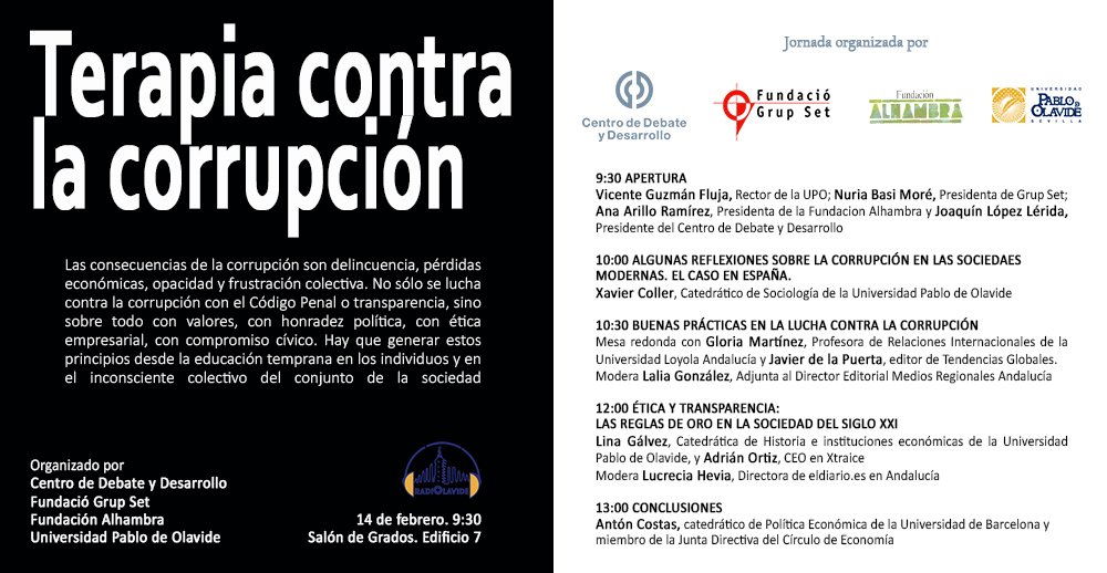 CentroDeDebate's tweet photo. El CDD, junto con @GrupSet, la Fundación Alhambra y la @pablodeolavide celebran por segundo año, una jornada dedicada para concienciar sobre la corrupción presente.
Más información: https://t.co/hRXTQ8l5n5 https://t.co/Ss8nZbbXG1