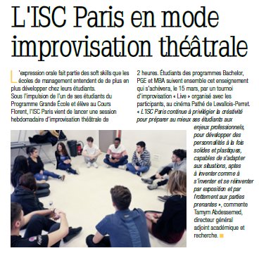 groupe_iscparis's tweet photo. L'ISC Paris en mode improvisation théâtrale : article à lire dans le n°14 - février 2018 de l'#EssentielduSup Prépas cc @HEADwayAdvisory @O_Rollot https://t.co/TdZ6xZYMVp