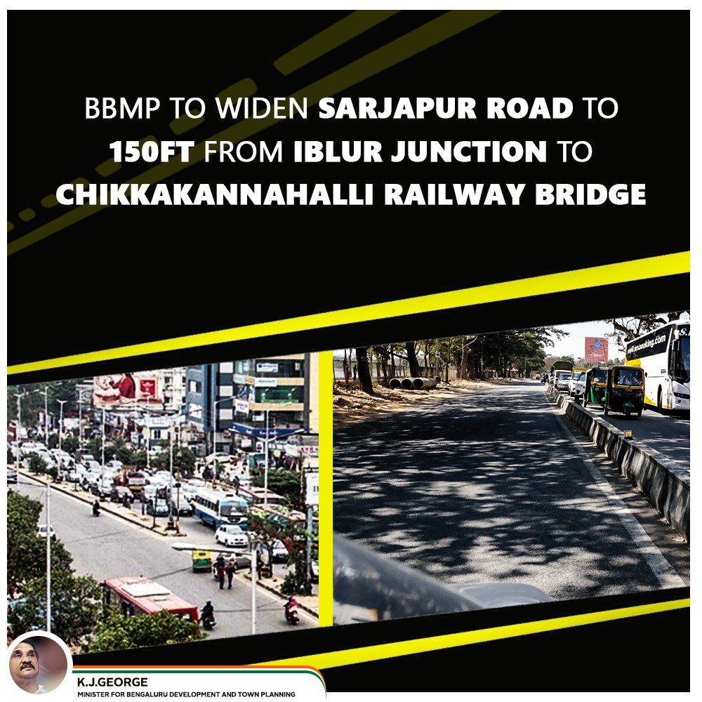 thekjgeorge's tweet photo. BBMP to widen 4.7 km of Sarjapur Road up to 150ft starting from Iblur junction to Chikkakannahalli railway bridge. Authorities have invited tenders for the same &amp; BBMP to acquire 20.5 acres of land &amp; issue Transfer of Development Rights (TDRs) to property owners. https://t.co/lxF2Nqy4Qf