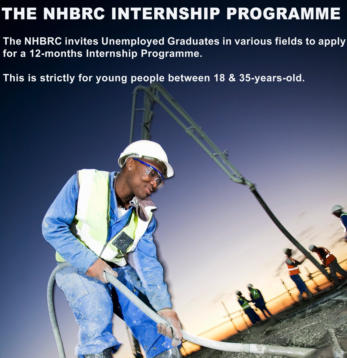 NHBRC (@nhbrc) on Twitter photo The NHBRC invites Unemployed Graduates in various fields to apply for a 12-months Internship Programme. This is strictly for young people between 18 & 35 years old.
For more info follow this link: nhbrc.org.za/job/nhbrc-inte…
<a href="/The_DHS/">Department of Human Settlements</a> <a href="/SAfmRadio/">SAfmRadio 📻</a> <a href="/IOL/">IOL News</a> <a href="/News24/">News24 🇿🇦</a> <a href="/TimesLIVE/">Times LIVE</a> The NHBRC invites Unemployed Graduates in various fields to apply for a 12-months Internship Programme. This is strictly for young people between 18 & 35 years old.
For more info follow this link: nhbrc.org.za/job/nhbrc-inte…
<a href="/The_DHS/">Department of Human Settlements</a> <a href="/SAfmRadio/">SAfmRadio 📻</a> <a href="/IOL/">IOL News</a> <a href="/News24/">News24 🇿🇦</a> <a href="/TimesLIVE/">Times LIVE</a>