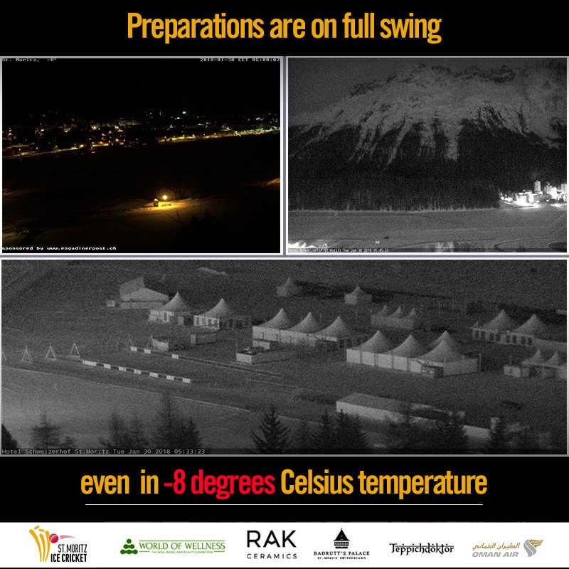 IceCricketCH's tweet photo. The Ice of Switzerland might be cold but not the spirit of the players!
As you can see from the pictures, the preparations are on full swing even in -8 degrees Celsius temperature!
Are you excited?
#Badruttpalace #Cricketstars #temperature #SpiritOfCricket https://t.co/0UWKnP8NHE